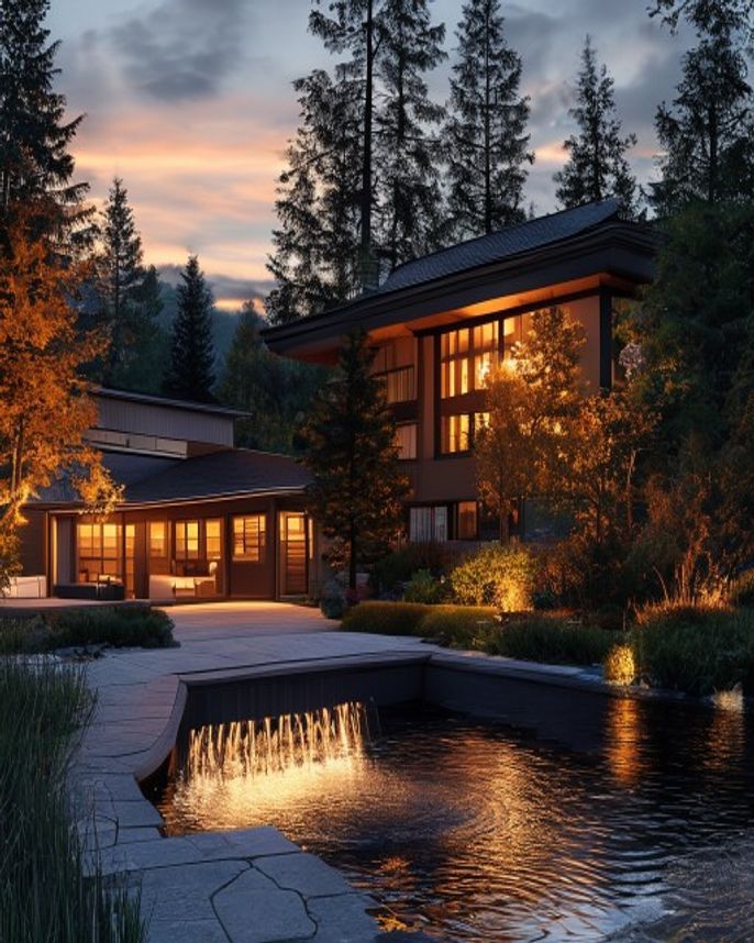 Professional low-voltage landscape lighting in a Pacific Northwest dusk scene — low-voltage landscape lighting