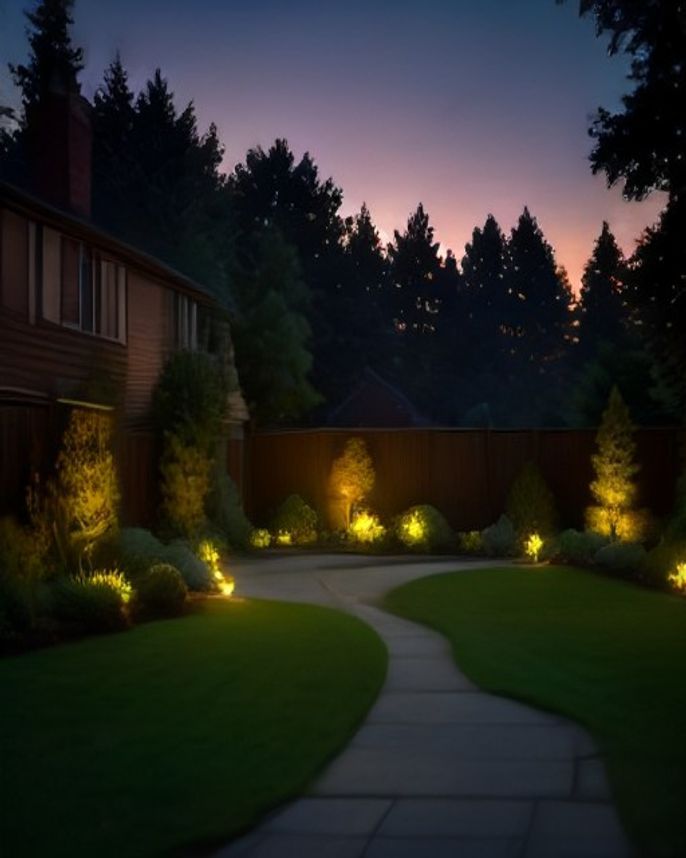Professional low-voltage landscape lighting in a Pacific Northwest dusk scene — low-voltage landscape lighting