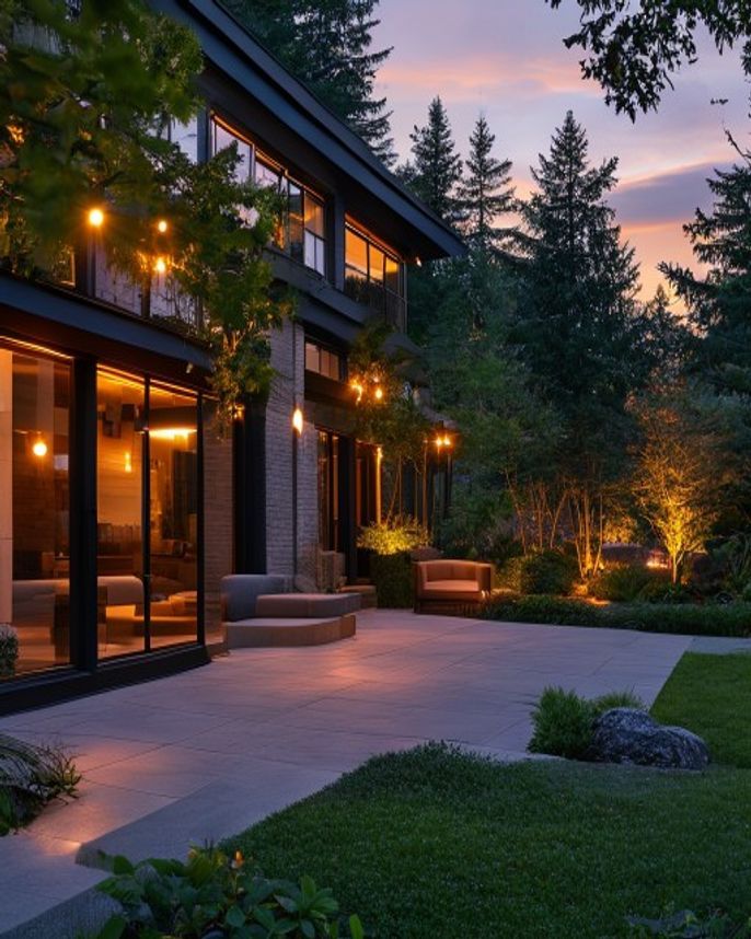 Professional low-voltage landscape lighting in a Pacific Northwest dusk scene — low-voltage vs line-voltage landscape lighting