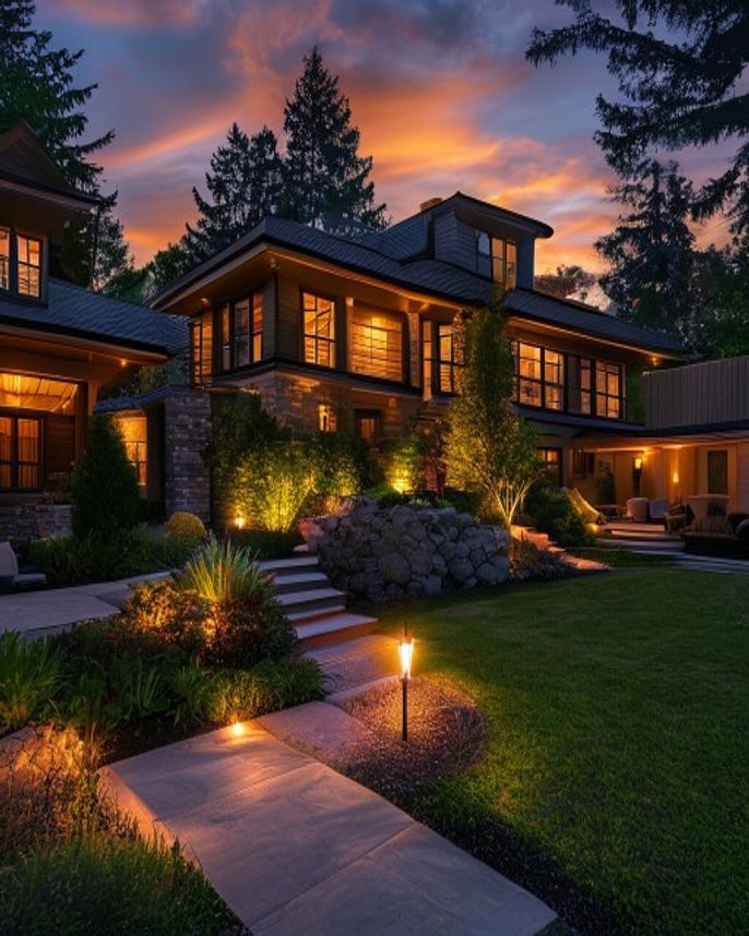 Professional low-voltage landscape lighting in a Pacific Northwest dusk scene — low-voltage landscape lighting