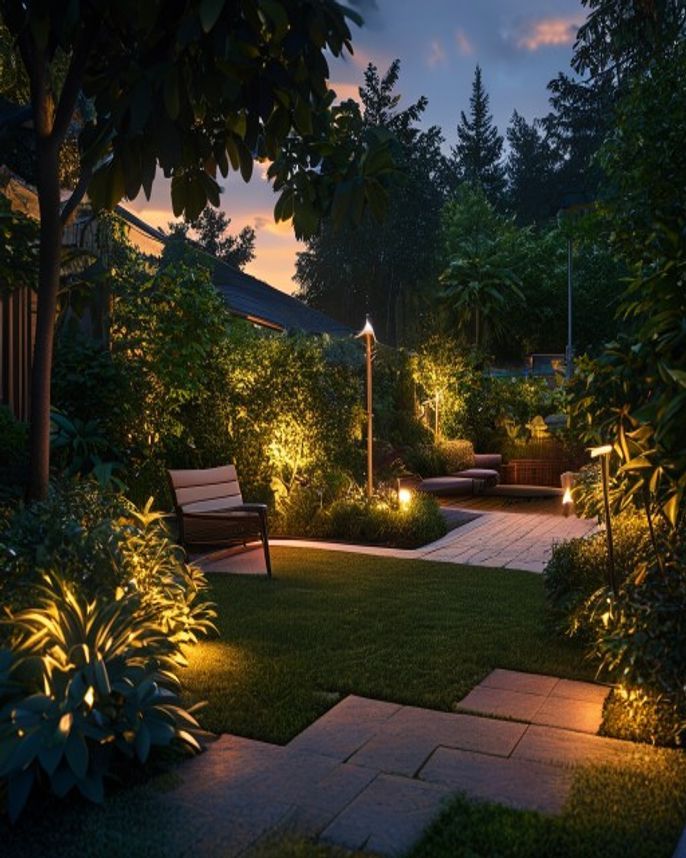 Professional low-voltage landscape lighting in a Pacific Northwest dusk scene — low-voltage landscape lighting