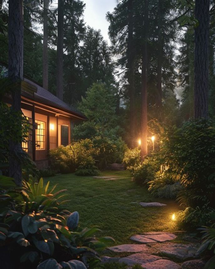 Professional low-voltage landscape lighting in a Pacific Northwest dusk scene — low-voltage landscape lighting