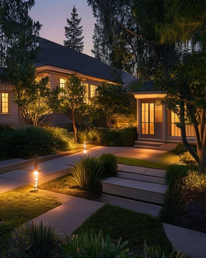Professional low-voltage landscape lighting in a Pacific Northwest dusk scene — low-voltage landscape lighting