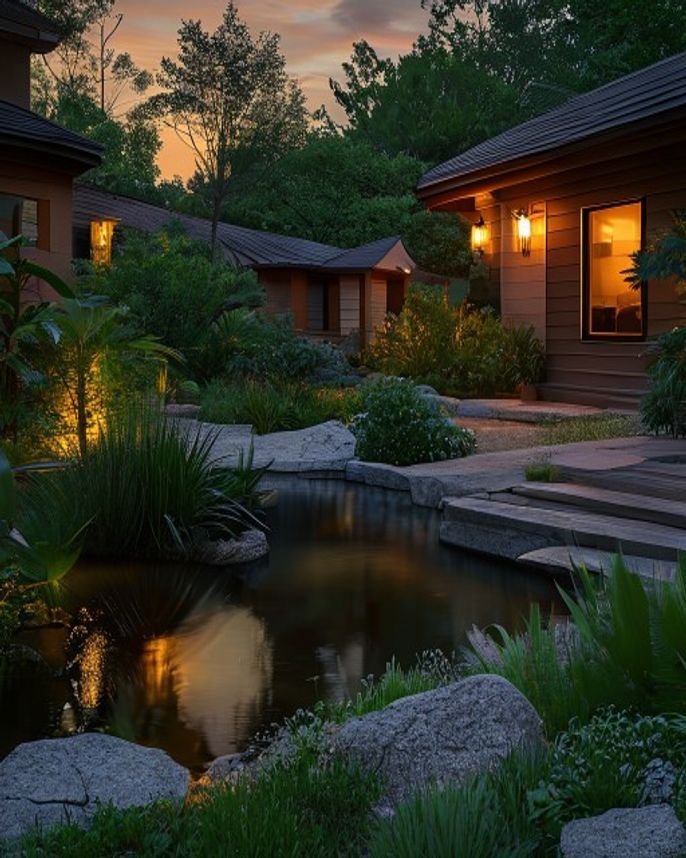 Professional low-voltage landscape lighting in a Pacific Northwest dusk scene — low-voltage landscape lighting
