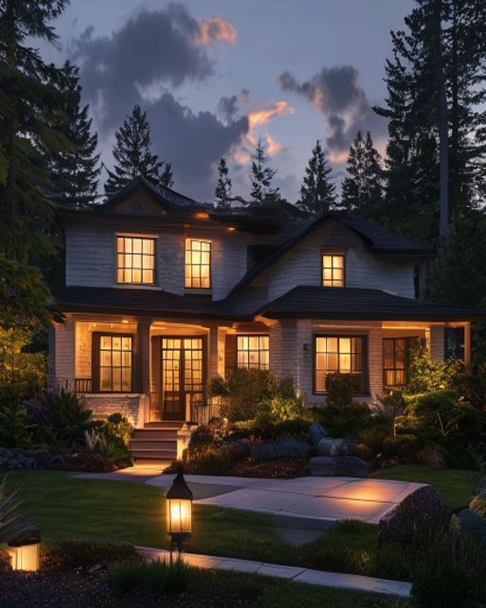 Professional low-voltage landscape lighting in a Pacific Northwest dusk scene — low-voltage landscape lighting