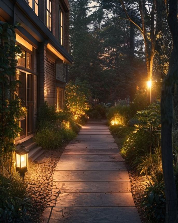 Professional low-voltage landscape lighting in a Pacific Northwest dusk scene — low-voltage landscape lighting