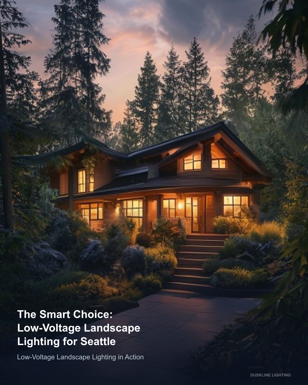 Professional low-voltage landscape lighting in a Pacific Northwest dusk scene — low-voltage landscape lighting