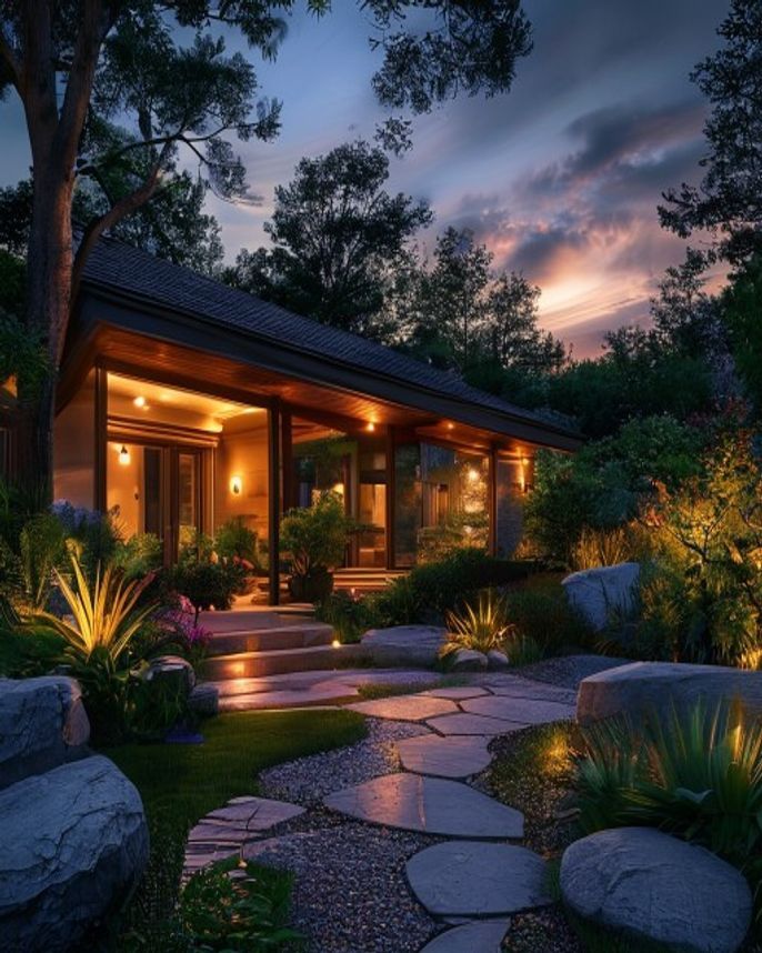 Professional low-voltage landscape lighting in a Pacific Northwest dusk scene — low-voltage landscape lighting