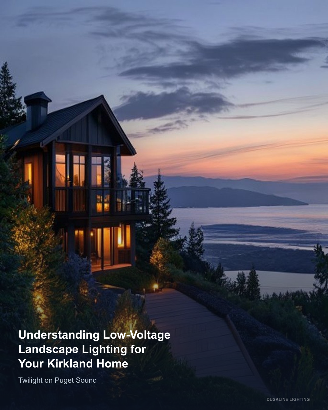 Professional low-voltage landscape lighting in a Pacific Northwest dusk scene — low-voltage landscape lighting