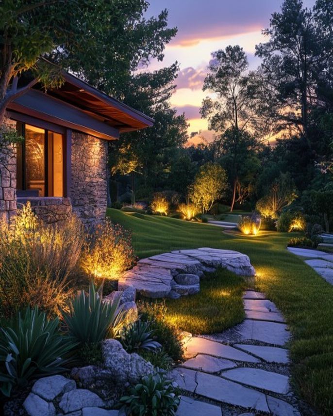 Professional low-voltage landscape lighting in a Pacific Northwest dusk scene — low-voltage landscape lighting