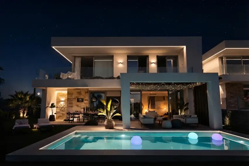 AI-generated concept rendering of the same villa at night with illustrative architectural and landscape lighting — not a real Duskline installation